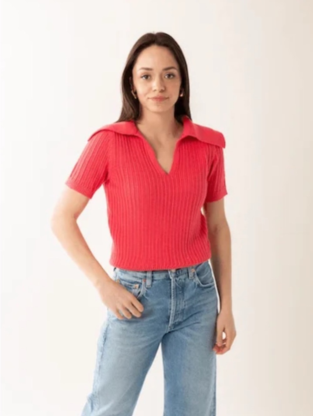 En Saison Mirabel Knit Top Coral Pink Size Small Collar Short Sleeve Sweater